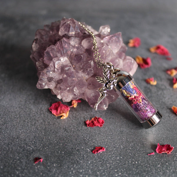 Fairy Dust Spell Jar Amulet Necklace | Witchy Crystal Jewelry | Rose Quartz, Amethyst, Rose Petals, Blue Cornflowers, and Fairy Dust Glitter