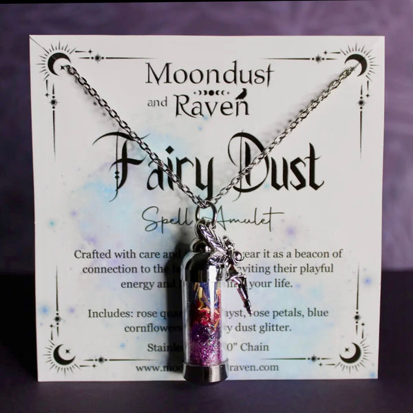 Fairy Dust Spell Jar Amulet Necklace | Witchy Crystal Jewelry | Rose Quartz, Amethyst, Rose Petals, Blue Cornflowers, and Fairy Dust Glitter