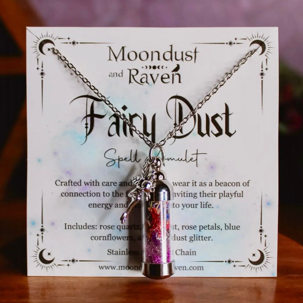 Fairy Dust Spell Jar Amulet Necklace | Witchy Crystal Jewelry | Rose Quartz, Amethyst, Rose Petals, Blue Cornflowers, and Fairy Dust Glitter