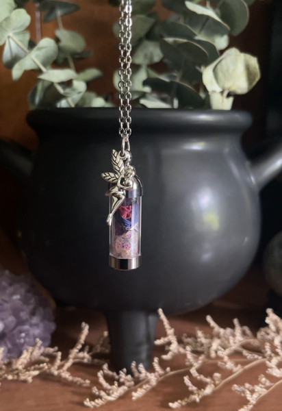 Fairy Dust Spell Jar Amulet Necklace | Witchy Crystal Jewelry | Rose Quartz, Amethyst, Rose Petals, Blue Cornflowers, and Fairy Dust Glitter