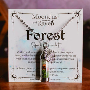 Forest Spell Jar Amulet Necklace| Witchy Crystal Jewelry | Forest Moss, Pine Cone Pieces, Green Aventurine, and Glitter Leaves