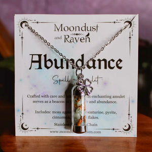 Abundance Spell Jar Amulet Necklace | Witchy Crystal Jewelry | Moss Agate, Green Aventurine, Pyrite, Cinnamon, and Gold Flakes