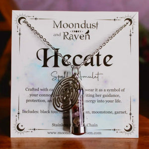 Hecate Spell Jar Amulet Necklace | Witchy Crystal Jewelry | Black Tourmaline, Obsidian, Moonstone, Garnet, and Amethyst