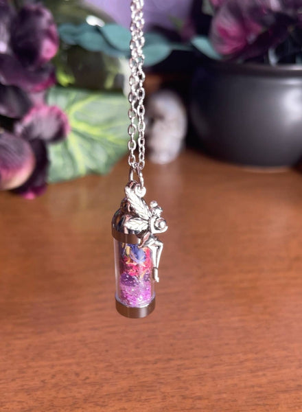 Fairy Dust Spell Jar Amulet Necklace | Witchy Crystal Jewelry | Rose Quartz, Amethyst, Rose Petals, Blue Cornflowers, and Fairy Dust Glitter